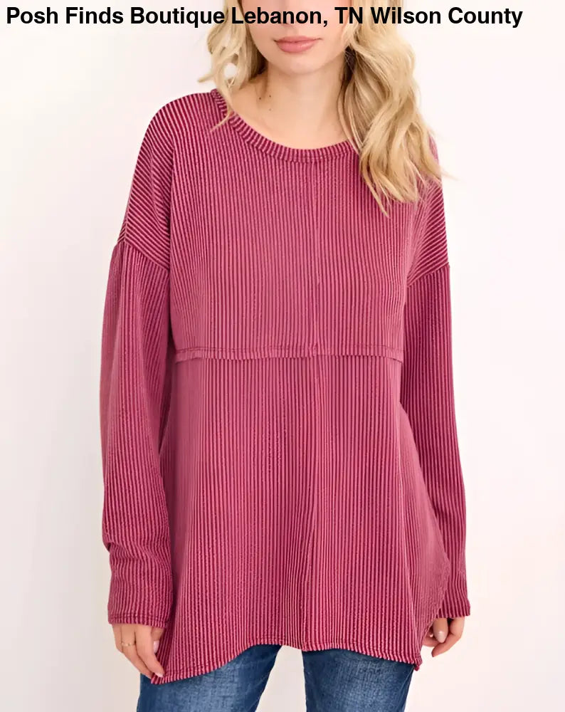 Plus Size Ribbed Long Sleeve Burgundy - Posh Finds