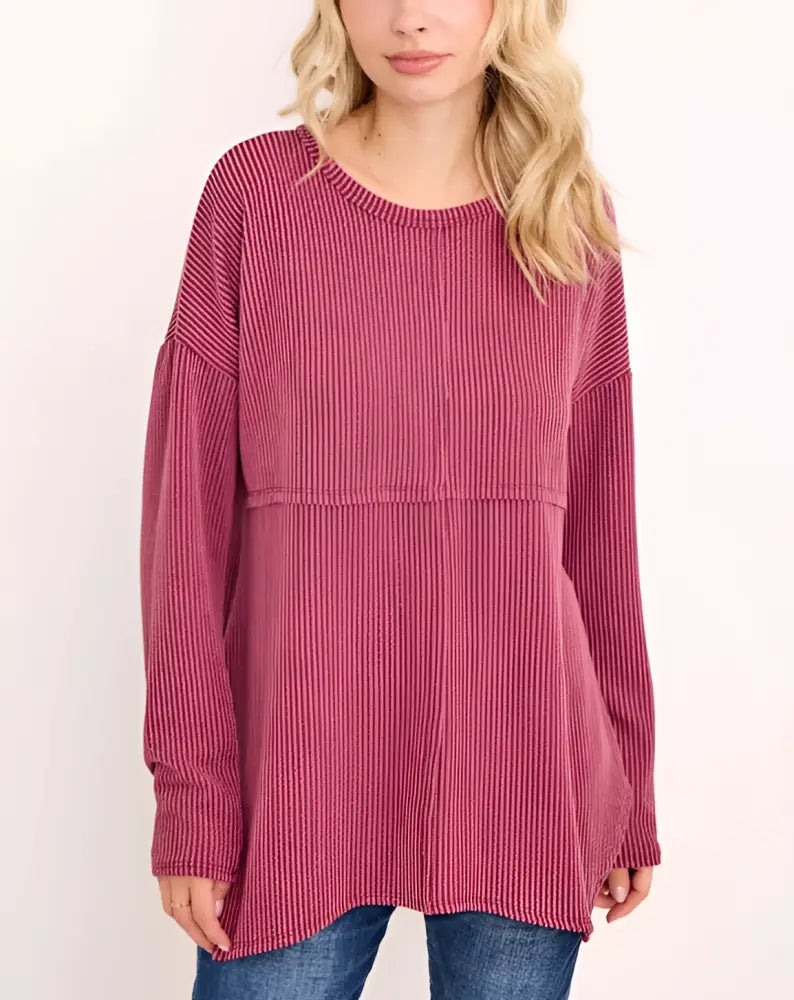 Plus Size Ribbed Long Sleeve Burgundy - Posh Finds