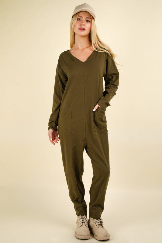 PLUS SIZE Solid Knit Baggy Comfy Jumpsuit: Olive - Posh Finds