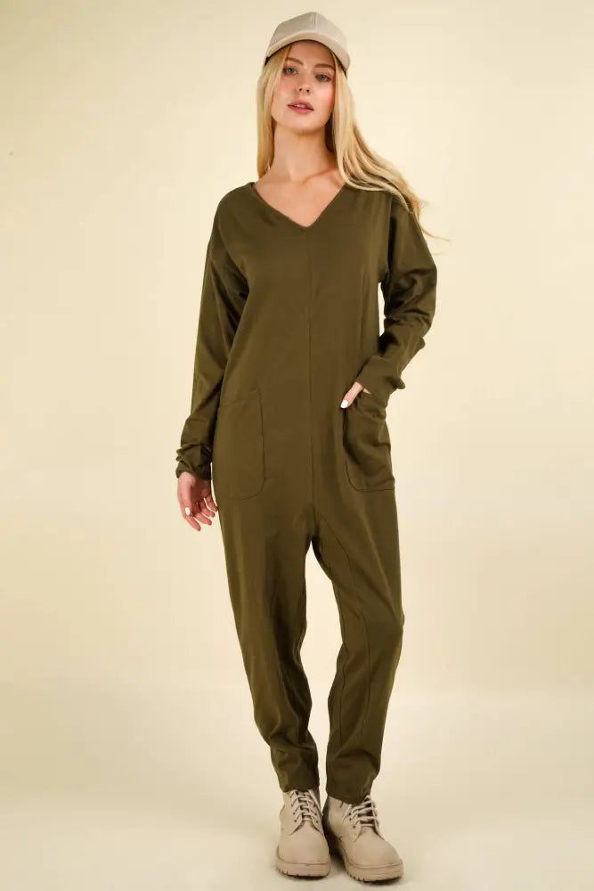 PLUS SIZE Solid Knit Baggy Comfy Jumpsuit: Olive - Posh Finds