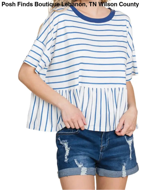 Striped Babydoll Short Sleeve Top: Denim - Posh Finds