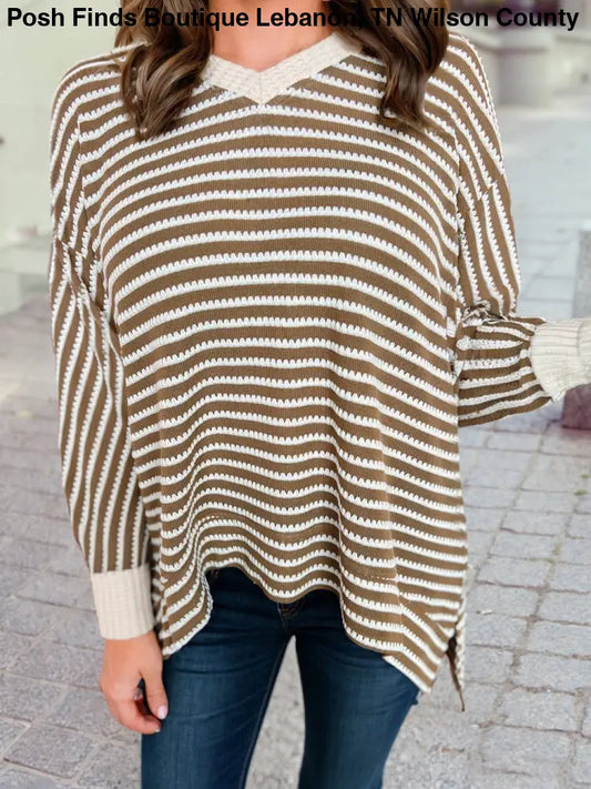 Plus Size Textured Dolman Sleeve High Low Top: Khaki Stripe - Posh Finds