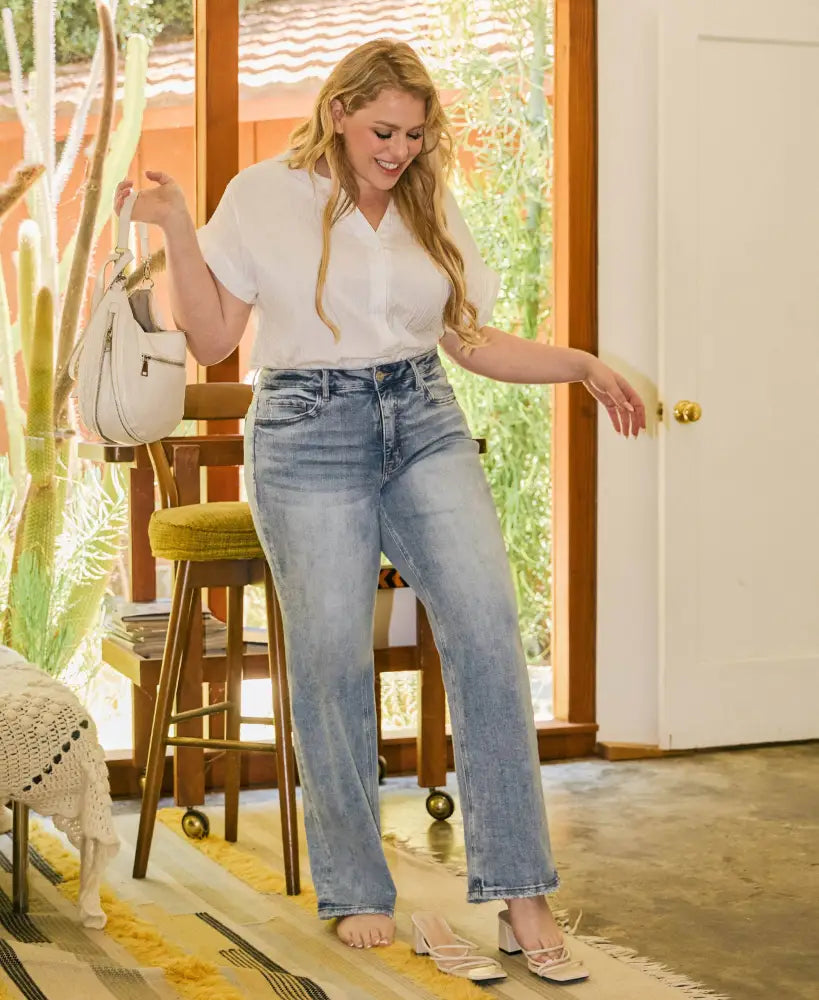 PLUS SIZE TUMMY CONTROL MID RISE SLIM WIDE JEANS - Posh Finds