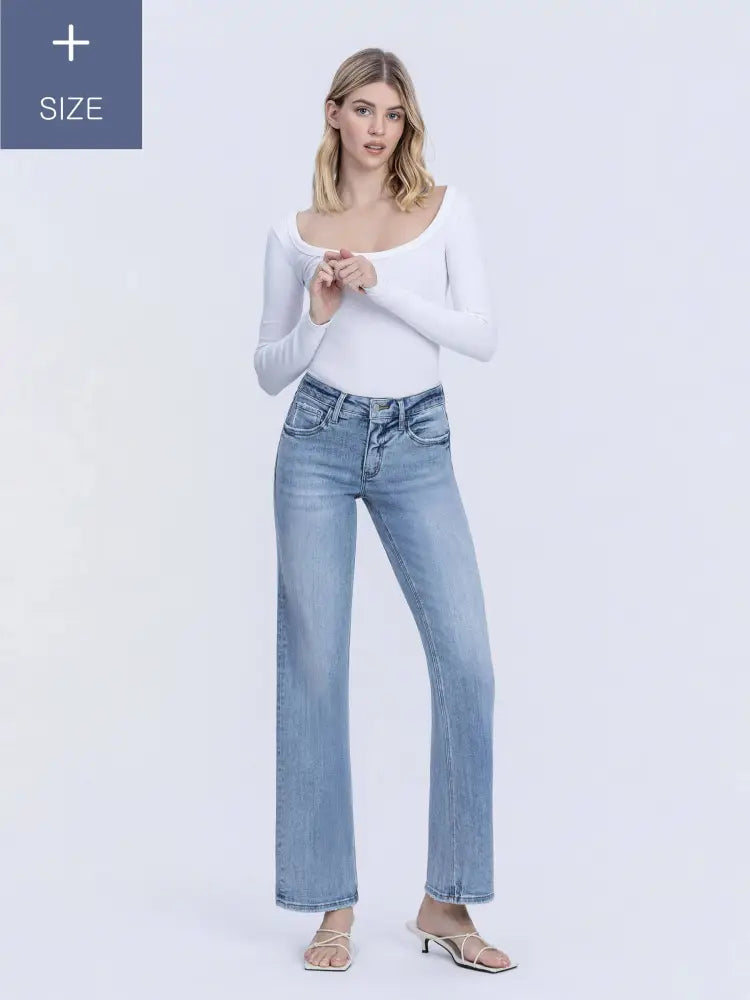 PLUS SIZE TUMMY CONTROL MID RISE SLIM WIDE JEANS - Posh Finds