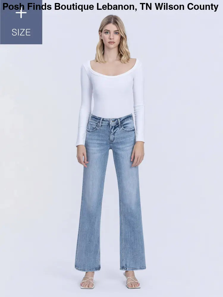 PLUS SIZE TUMMY CONTROL MID RISE SLIM WIDE JEANS - Posh Finds