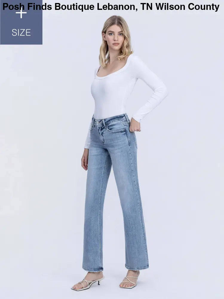 PLUS SIZE TUMMY CONTROL MID RISE SLIM WIDE JEANS - Posh Finds