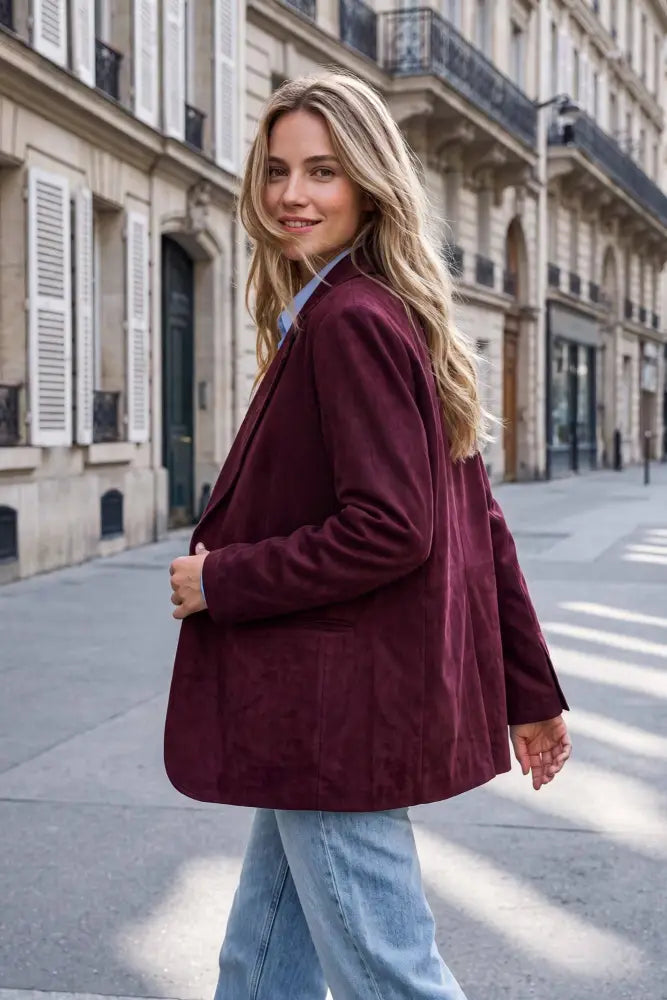 PM5597 - FAUX SUEDE OVERSIZED BLAZER JACKET: TAUPE / L