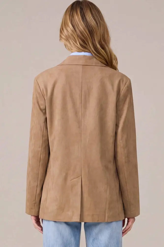 PM5597 - FAUX SUEDE OVERSIZED BLAZER JACKET: TAUPE / L
