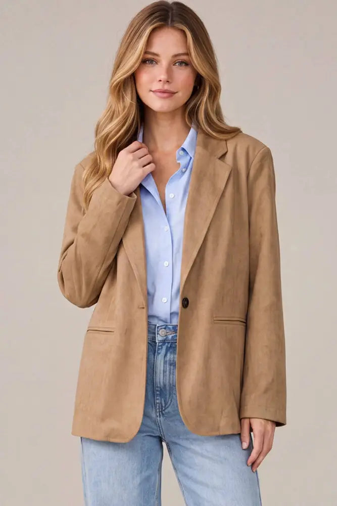PM5597 - FAUX SUEDE OVERSIZED BLAZER JACKET: TAUPE / M