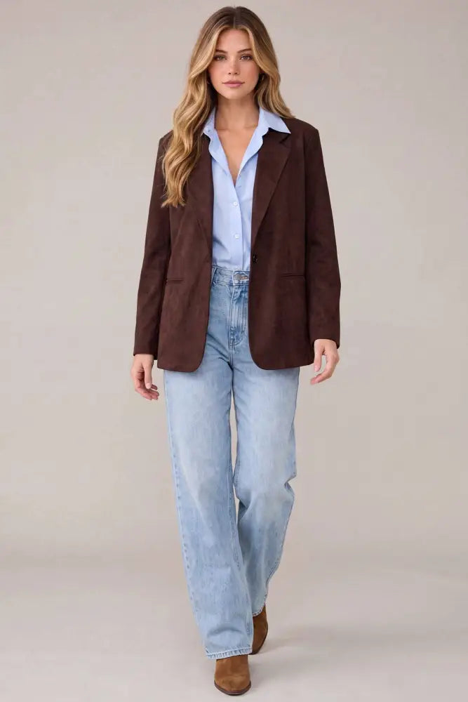 PM5597 - FAUX SUEDE OVERSIZED BLAZER JACKET: TAUPE / S