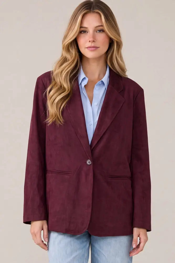 PM5597 - FAUX SUEDE OVERSIZED BLAZER JACKET: TAUPE / S
