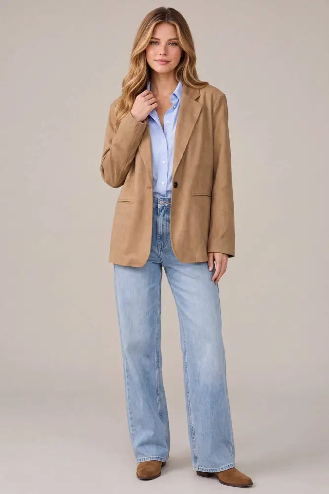 PM5597 - FAUX SUEDE OVERSIZED BLAZER JACKET: TAUPE / S