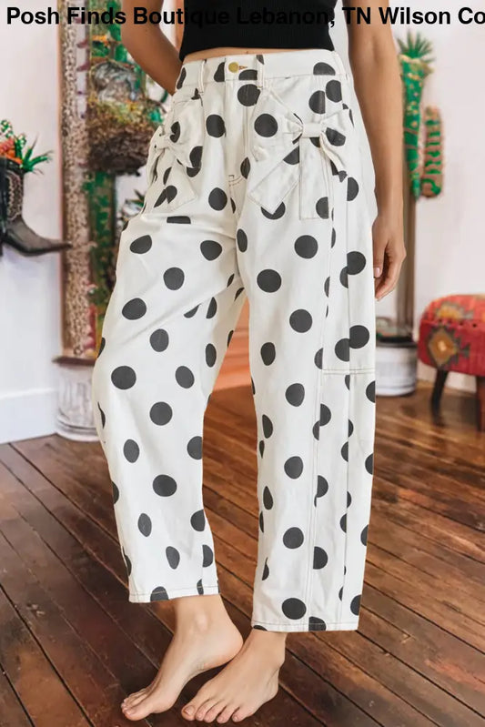 Polka Dot Print Bow Detail Pocketed Denim Pants: White - Women > Jeans