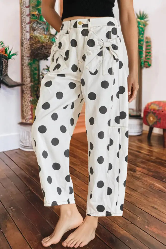 Polka Dot Print Bow Detail Pocketed Denim Pants: White - Women > Jeans