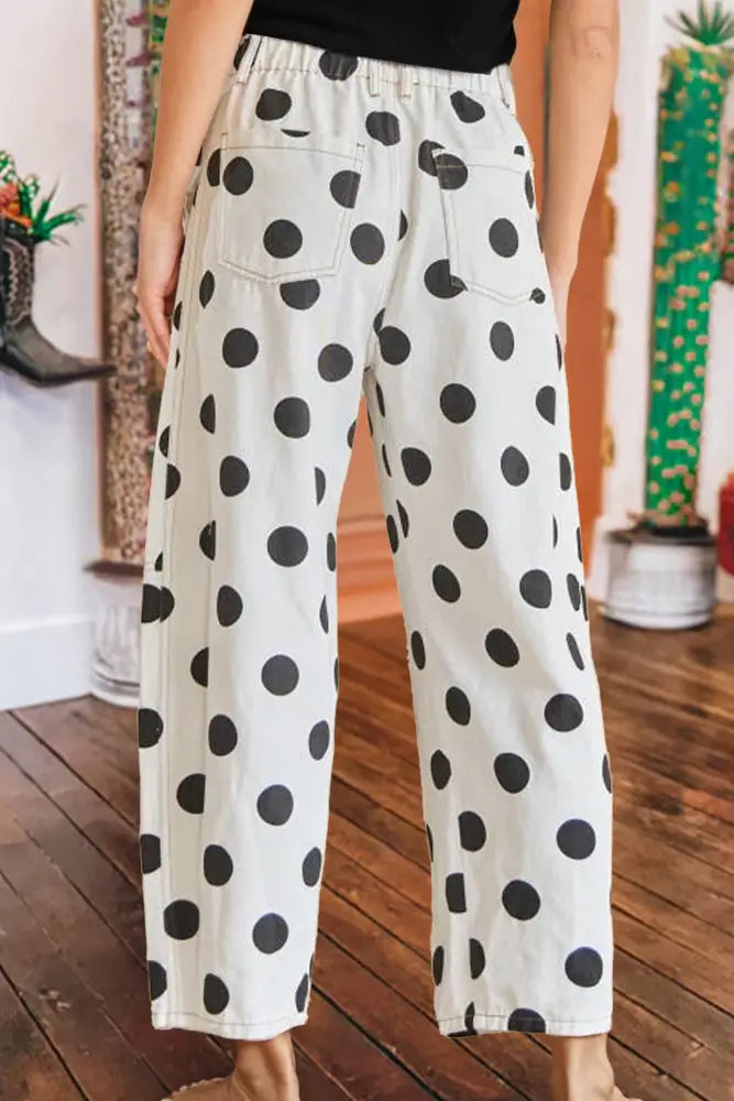 Polka Dot Print Bow Detail Pocketed Denim Pants: White - Women > Jeans