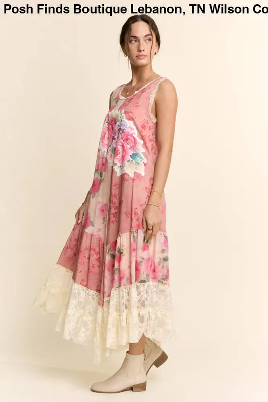 PRINT FLOWER PATCHWORK LACE TIERED DRESS: Pink Multi / S