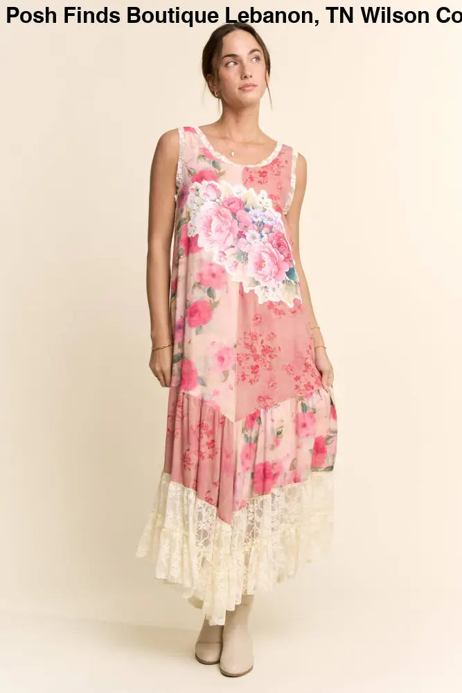 PRINT FLOWER PATCHWORK LACE TIERED DRESS: Pink Multi / S