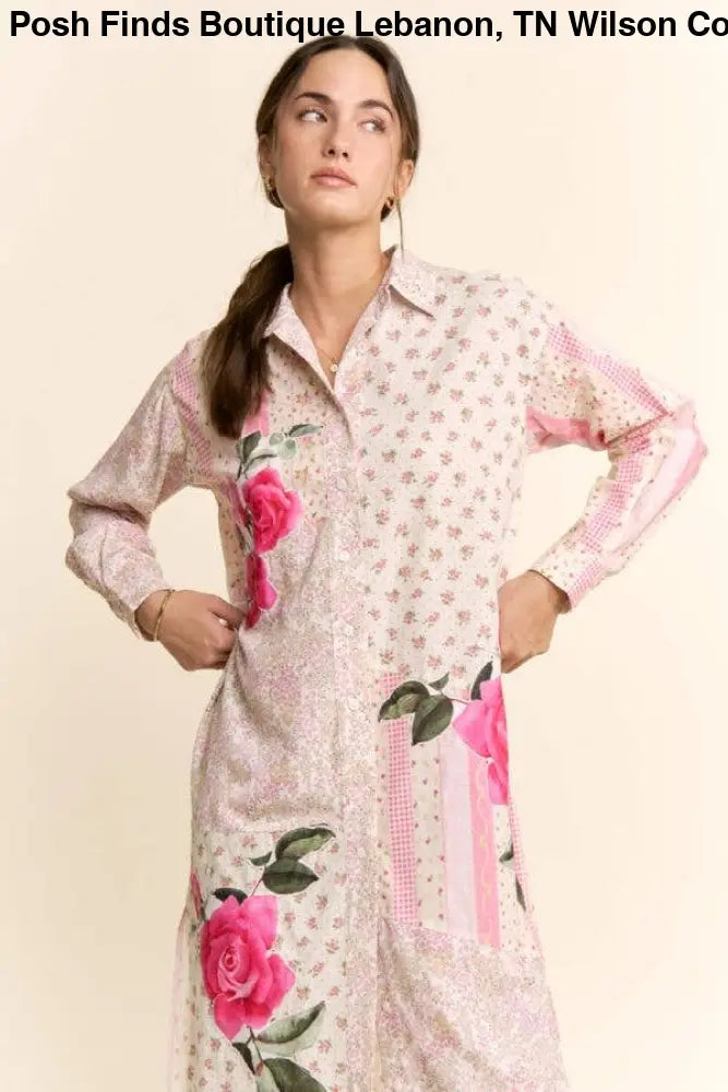 PRINTED FLOWER PATCHED MAXI DUSTER SHIRT TOP: IVORY PINK MULTI / M