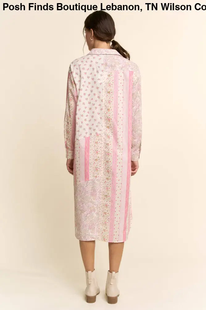 PRINTED FLOWER PATCHED MAXI DUSTER SHIRT TOP: IVORY PINK MULTI / M