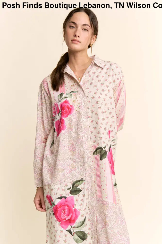 PRINTED FLOWER PATCHED MAXI DUSTER SHIRT TOP: IVORY PINK MULTI / M