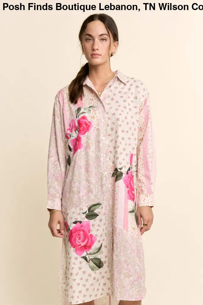 PRINTED FLOWER PATCHED MAXI DUSTER SHIRT TOP: IVORY PINK MULTI / M