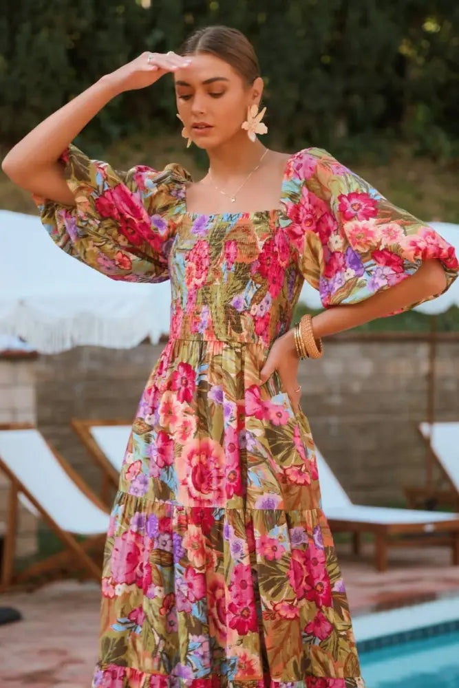Printed Maxi Dress With Short Bubble Sleeve: Olive Garden / S - Posh Finds