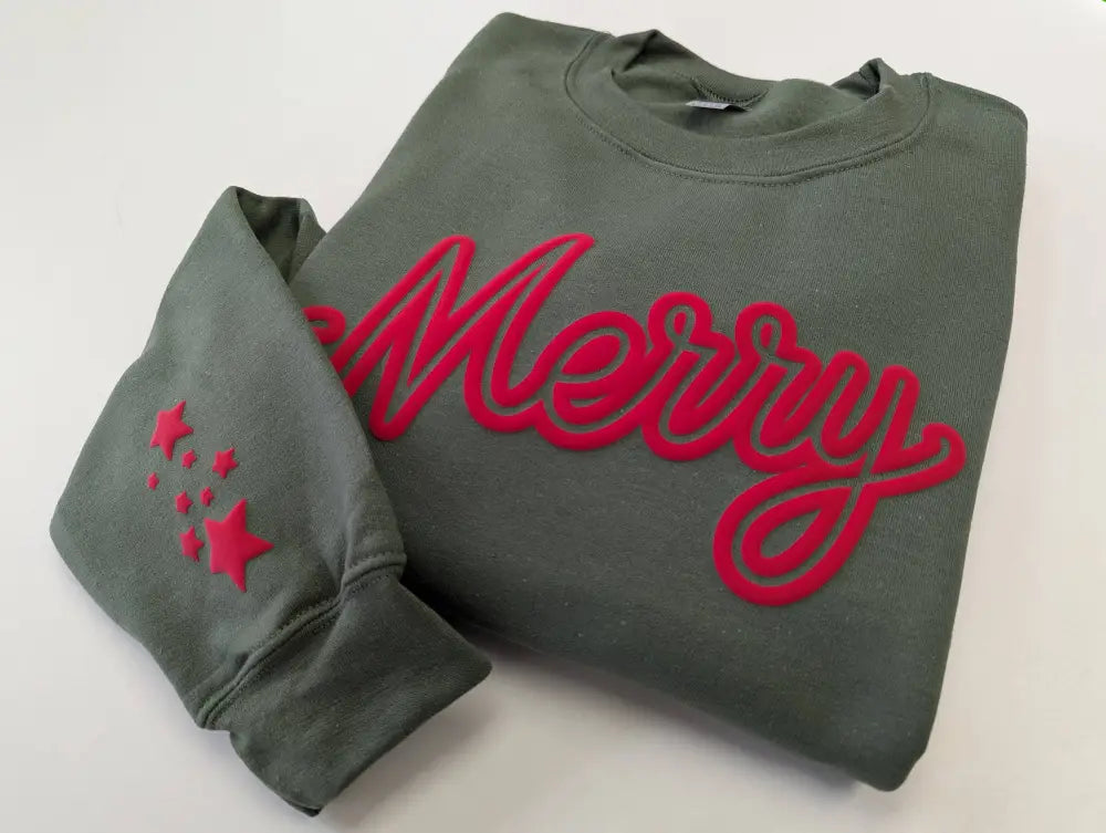 Puff Christmas Crewneck Sweatshirt Holiday Sweater Merry: Military Green - Posh Finds