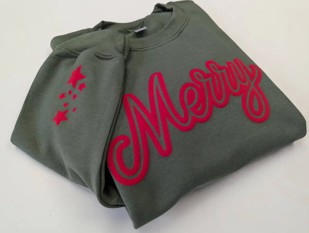 Puff Christmas Crewneck Sweatshirt Holiday Sweater Merry: Military Green - Posh Finds