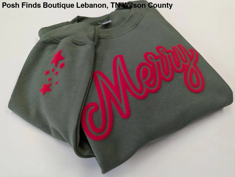 Puff Christmas Crewneck Sweatshirt Holiday Sweater Merry: Military Green - Posh Finds