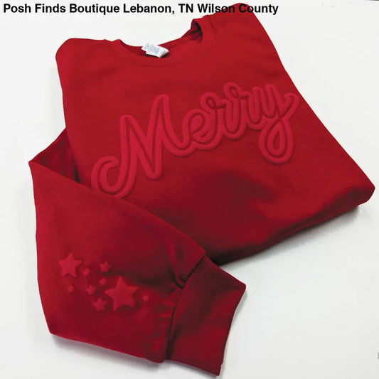 Puff Christmas Crewneck Sweatshirt Holiday Sweater Merry: Red - Posh Finds