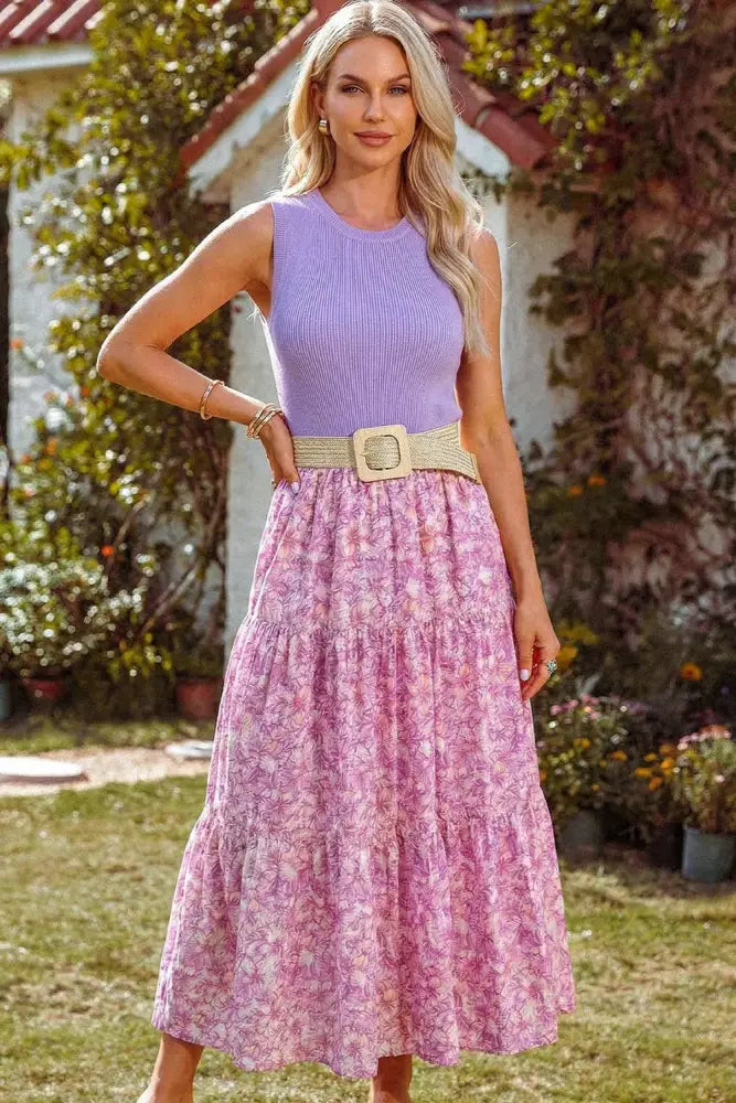 Purple Ribbed Bodice Floral Contrast Tiered Dress - Women > Dresses > Maxi