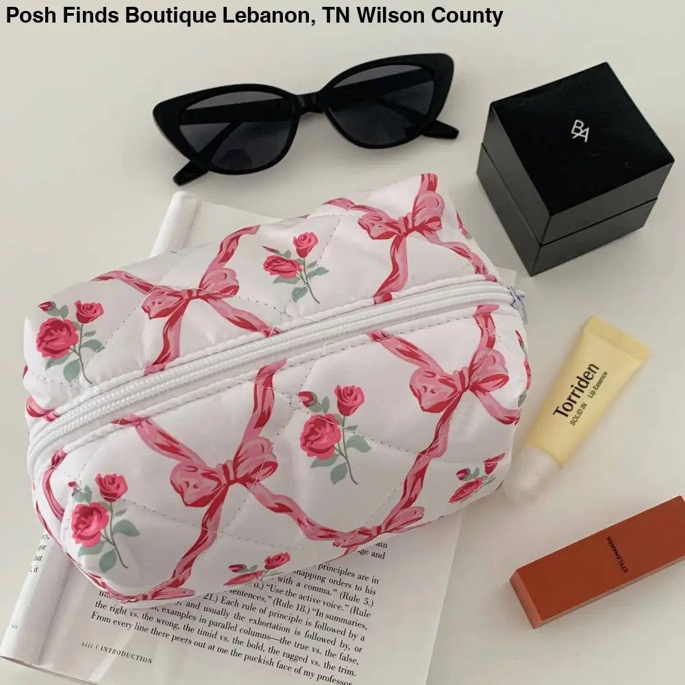 Quilted Cosmetic Floral Ribbon Makeup Bag Pink or Blue - Posh Finds
