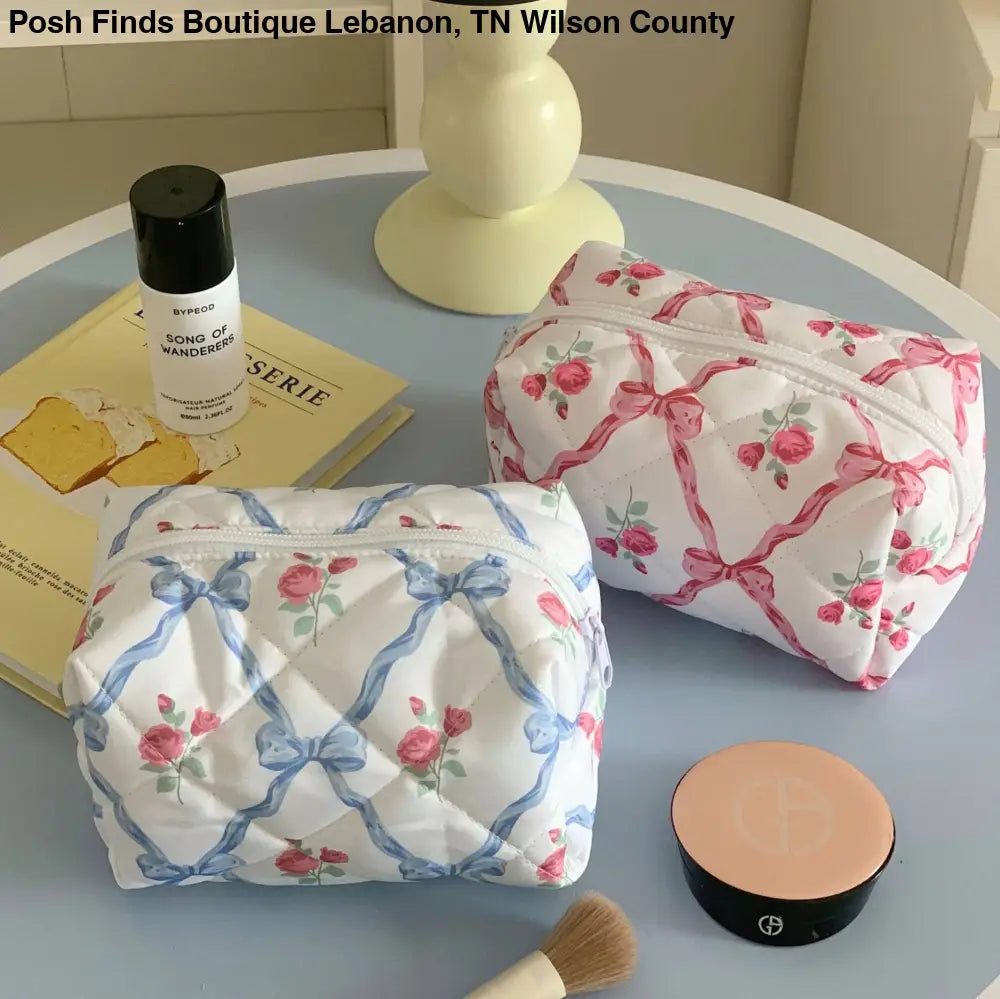 Quilted Cosmetic Floral Ribbon Makeup Bag Pink or Blue - Posh Finds