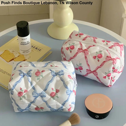 Quilted Cosmetic Floral Ribbon Makeup Bag Pink or Blue - Posh Finds
