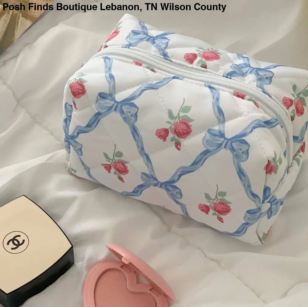 Quilted Cosmetic Floral Ribbon Makeup Bag Pink or Blue - Posh Finds