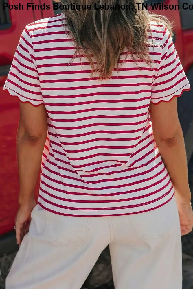 Red Stripe Scalloped Trim Round Neck T Shirt - Women > Tops