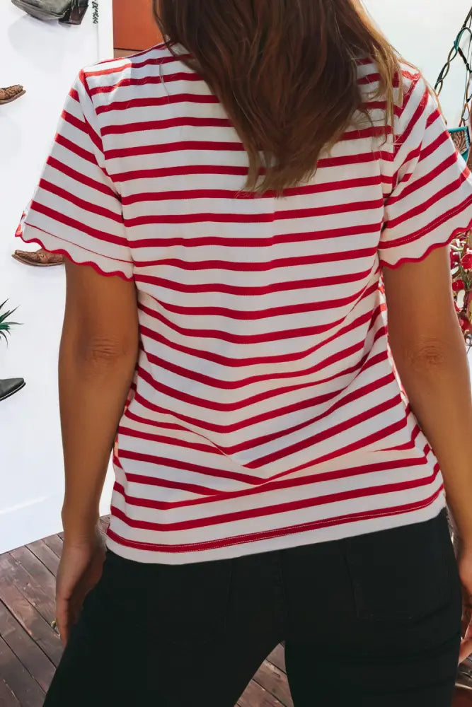 Red Stripe Scalloped Trim Round Neck T Shirt - Women > Tops