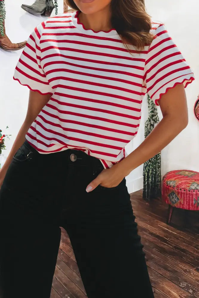 Red Stripe Scalloped Trim Round Neck T Shirt - Women > Tops