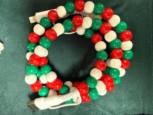 Red, Green and White Beaded Cord Phone Charge