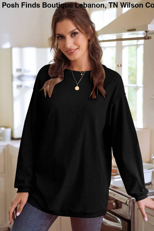 Ribbed Corduroy Oversized Sweatshirt: Black - Posh Finds