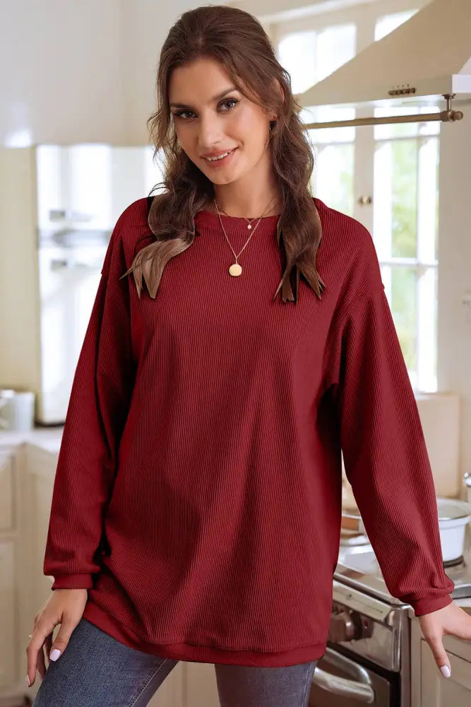 Ribbed Corduroy Oversized Sweatshirt: Racing Red - Posh Finds