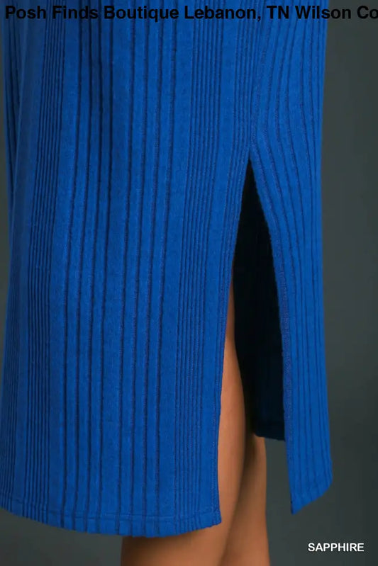 Ribbed Knit Elastic Waistband Midi Skirt with Side Slit Sapphire - Posh Finds