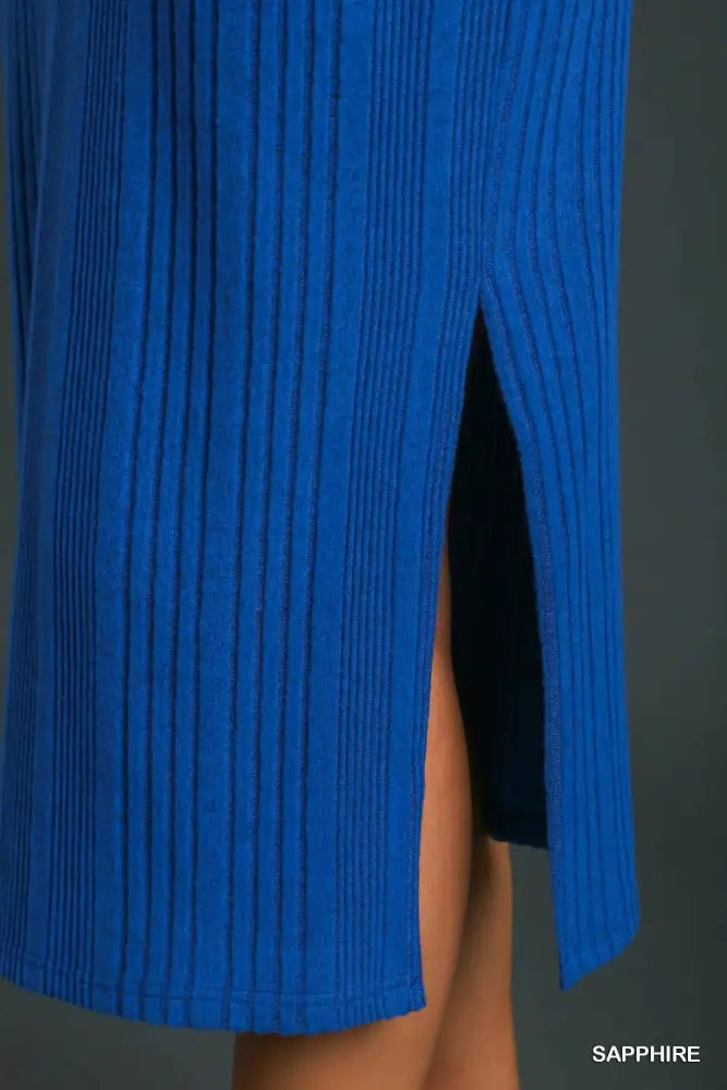 Ribbed Knit Elastic Waistband Midi Skirt with Side Slit Sapphire - Posh Finds