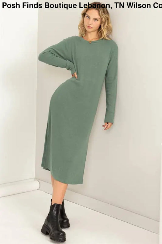 Ribbed Long Sleeve Midi Dress: GRAY GREEN - Posh Finds