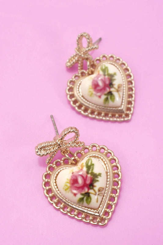ROSE CERAMIC PORCELAIN BOW DROP EARRINGS Gold - Posh Finds