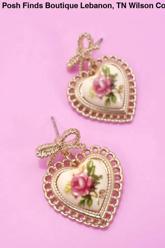 ROSE CERAMIC PORCELAIN BOW DROP EARRINGS Gold - Posh Finds