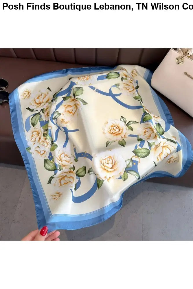 Rose Floral Faux Silk Square Scarf Blue - Accessories