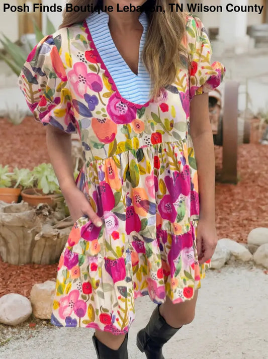 Rose Floral Print Ricrac Trim Striped V Neck Dress - Women > Tops