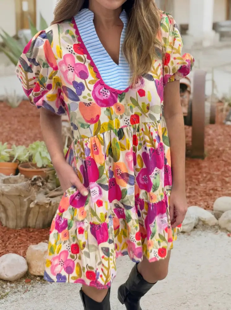 Rose Floral Print Ricrac Trim Striped V Neck Dress - Women > Tops