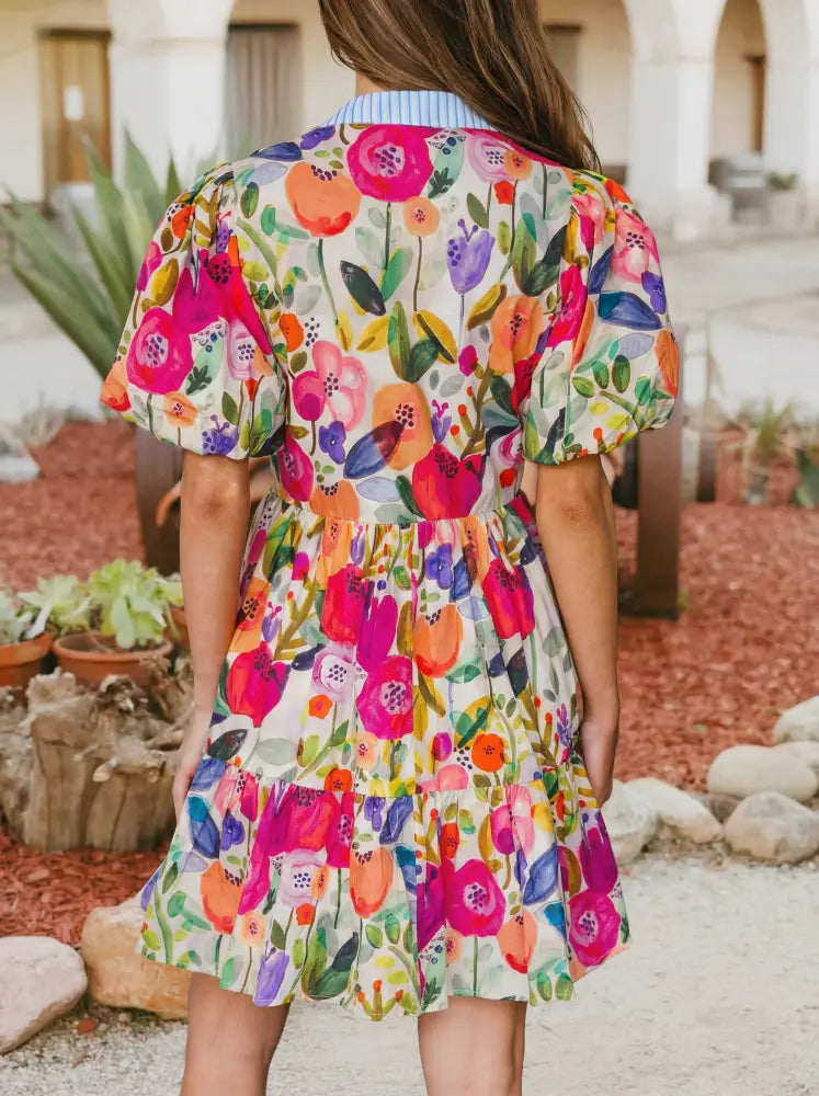 Rose Floral Print Ricrac Trim Striped V Neck Dress - Women > Tops